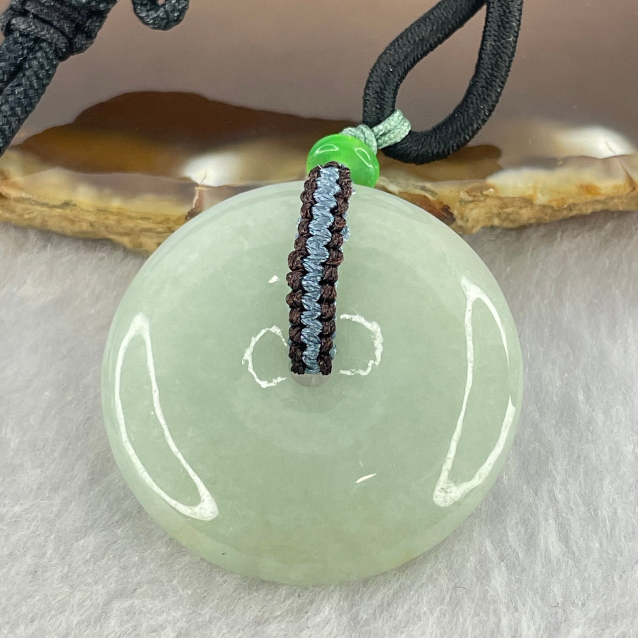 Type A Light Blueish Green Jadeite Ping An Kou Donut Pendent 16.95g 32.5 by 7.1mm