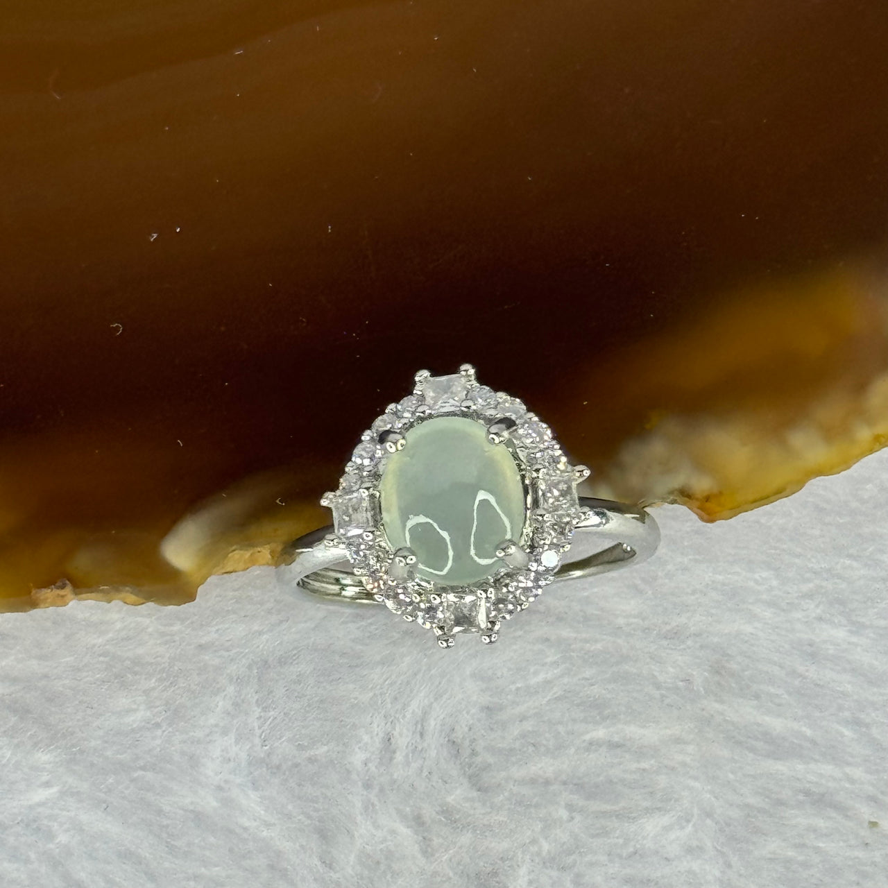 Type A Semi Icy Light Green Jadeite with Crystals in S925 Sliver Ring (Adjustable Size) 2.67g 8.6 by 7.2 by 3.5mm