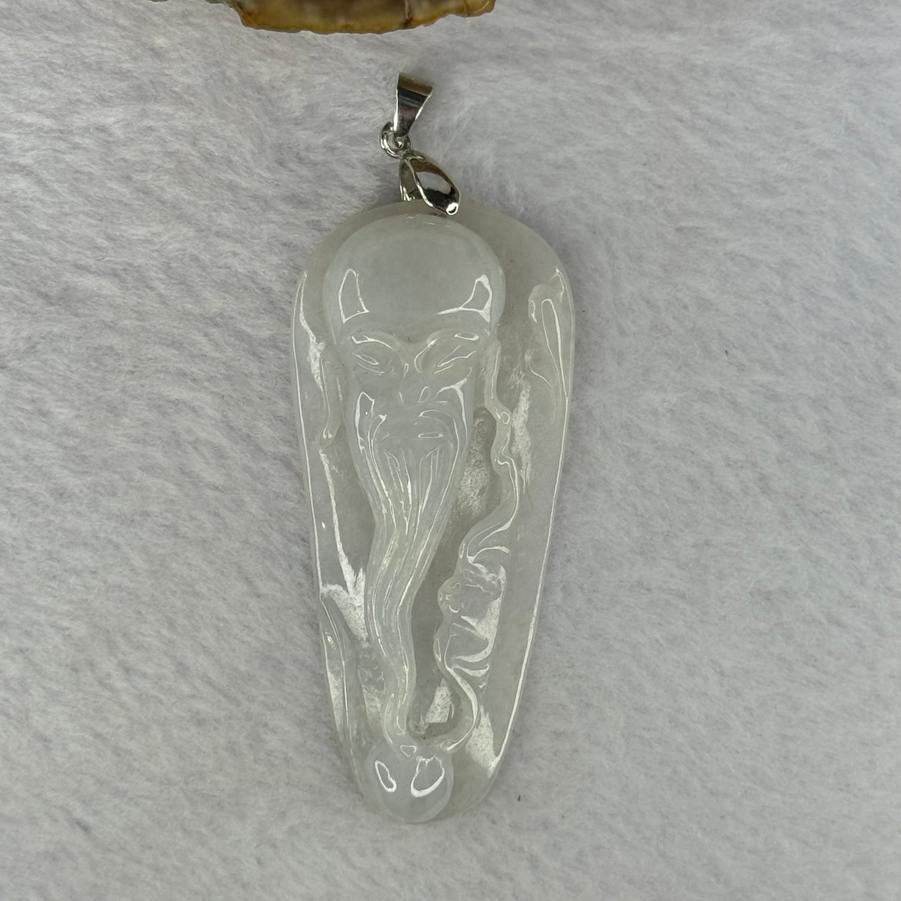 Type A Light Lavender Green Jadeite Shou Xing Gong Pendent With 18KGP Sliver Claps 24.08g 64.4 by 29.3 by 9.8mm