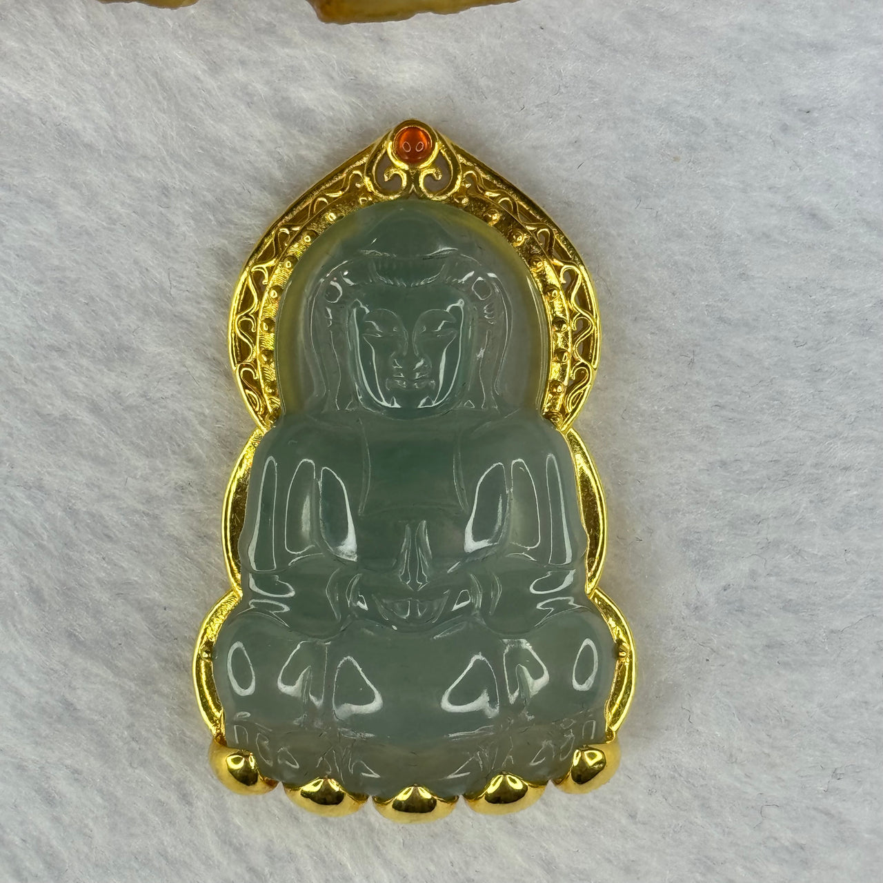 18K Yellow Gold Type A Icy Blueish Green Jadeite Guan Yin Pendent with FREE S925 Silver in Yellow Gold Color Necklace 6.04g 37.9 by 25.3 by 2.5mm - Huangs Jadeite and Jewelry Pte Ltd