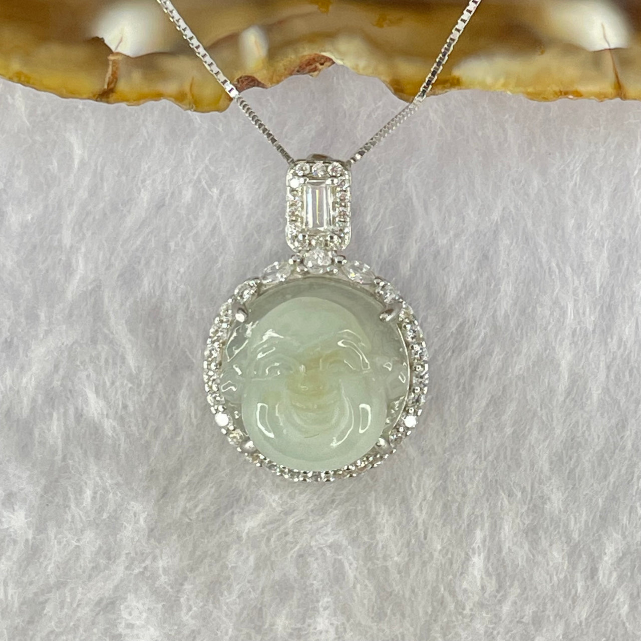 Type A Faint Green Lavender Yellow Milo Buddha with Crystals in S925 Sliver Pendant and Necklace 5.52g 13.9 by 13.9 by  7.5mm