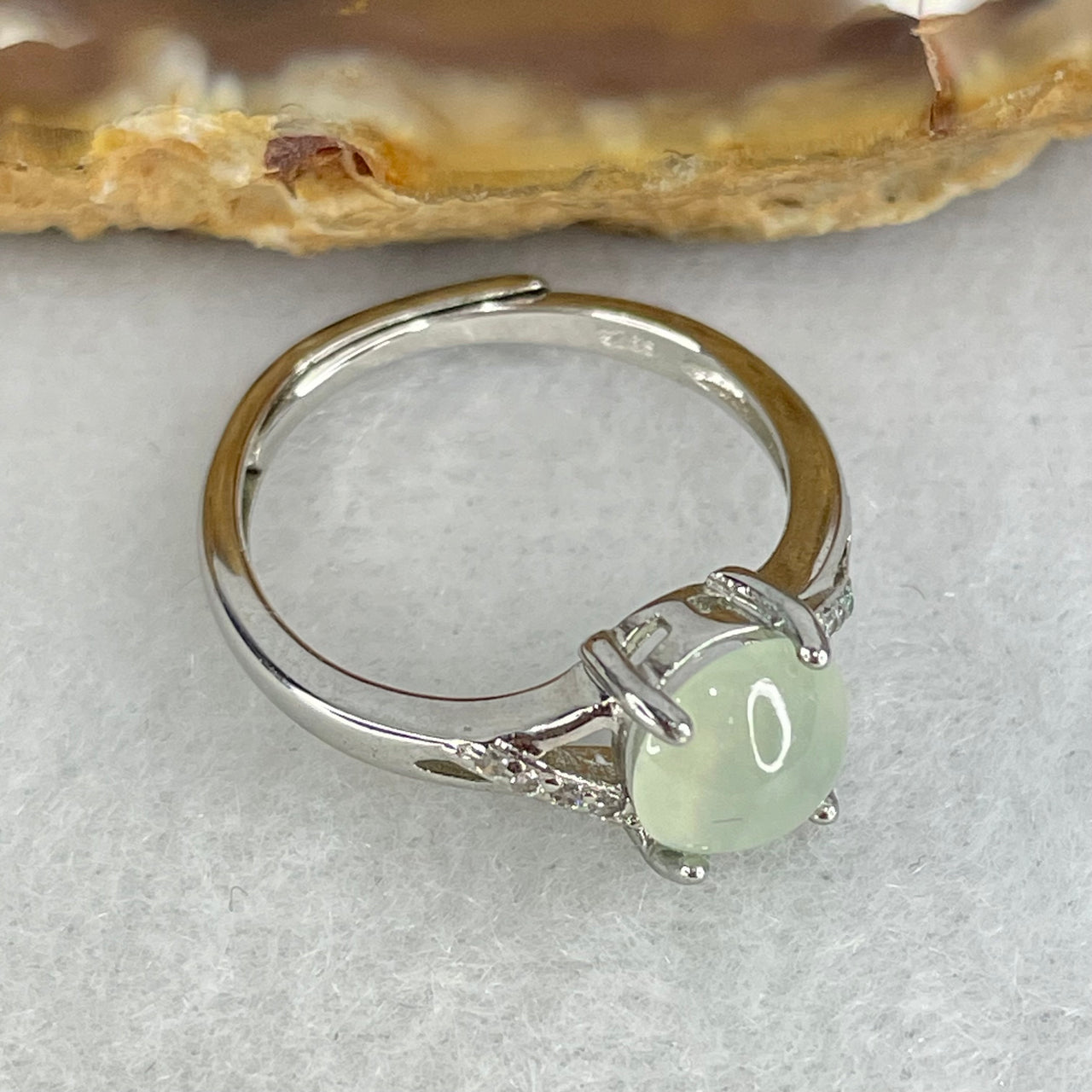 Type A Semi Icy Light Green Jadeite Cabochon in S925 Sliver Ring  (Adjustable Size) 1.70g 7.1 by 6.6 by 3.5mm