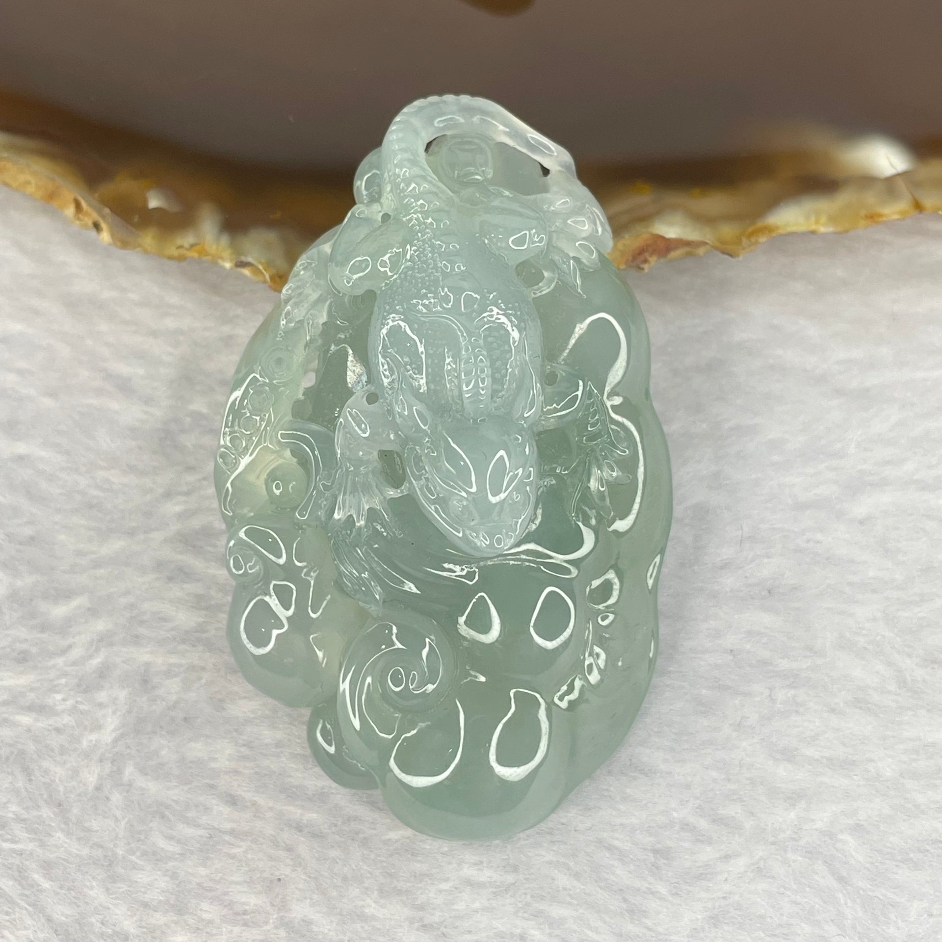 Very Rare High Icy Type A Sky Blue 3D Lizard on 3D Ruyi 42.82g 56.5 by 34.9 by 16.7mm with Wooden Stand - Huangs Jadeite and Jewelry Pte Ltd