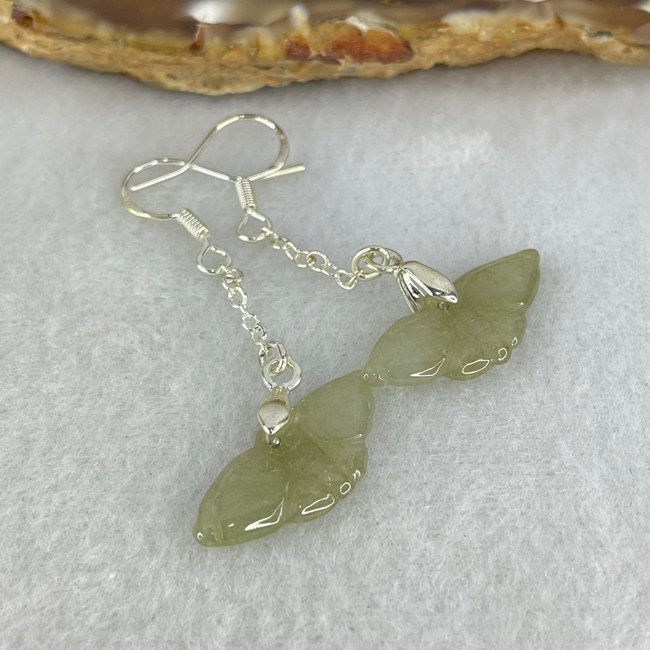 Type A Icy Brownish Green Jadeite Butterfly in S925 Sliver Earrings 2.43g 22.7 by 9.7 by 2.1mm