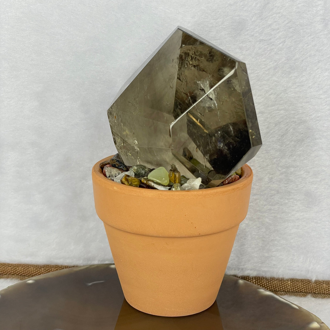 Natural Smoky Quartz in a Pot Display 506.5g 122.3 by 81.5 by 71.0mm - Huangs Jadeite and Jewelry Pte Ltd