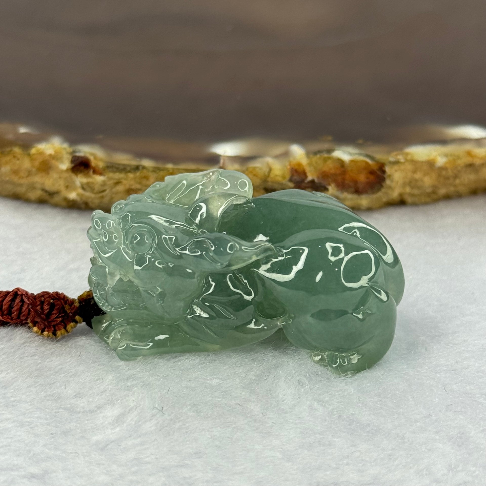 Type A Semi Blueish Green Jadeite Pixiu Charm/Pendent A货蓝水翡翠牌 25.54g 36.8 by 19.9 by 17.2mm - Huangs Jadeite and Jewelry Pte Ltd