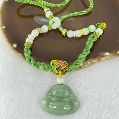 Type A Green Jadeite Milo Buddha Pendant and Beads Necklace 43.19g 31.3 by 40.8 by 12.1mm