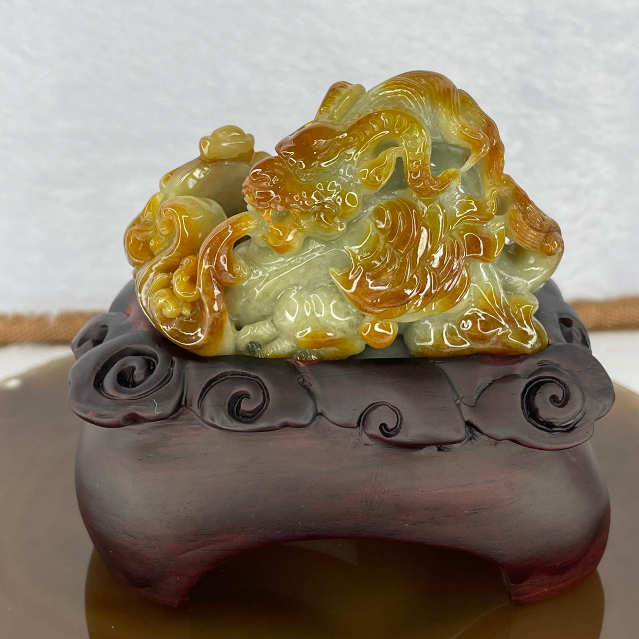 Rare Grand Master Type A Brownish Red Green Jadeite Fire Breathing Dragon 招财 112.75g 65.0 by 31.0 by 43.0mm with Wooden Stand - Huangs Jadeite and Jewelry Pte Ltd