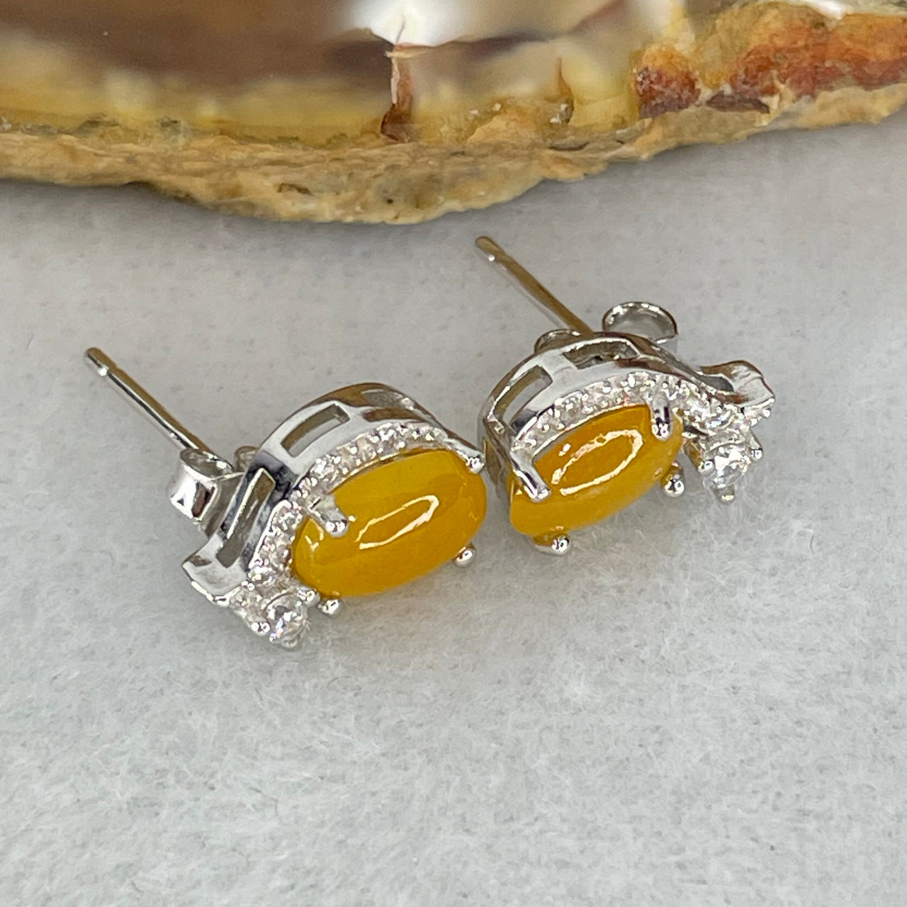 Type A Yellow Jadeite Cabochon in S925 Sliver Earrings 1.61g 7.2 by 4.8 by 2.0mm