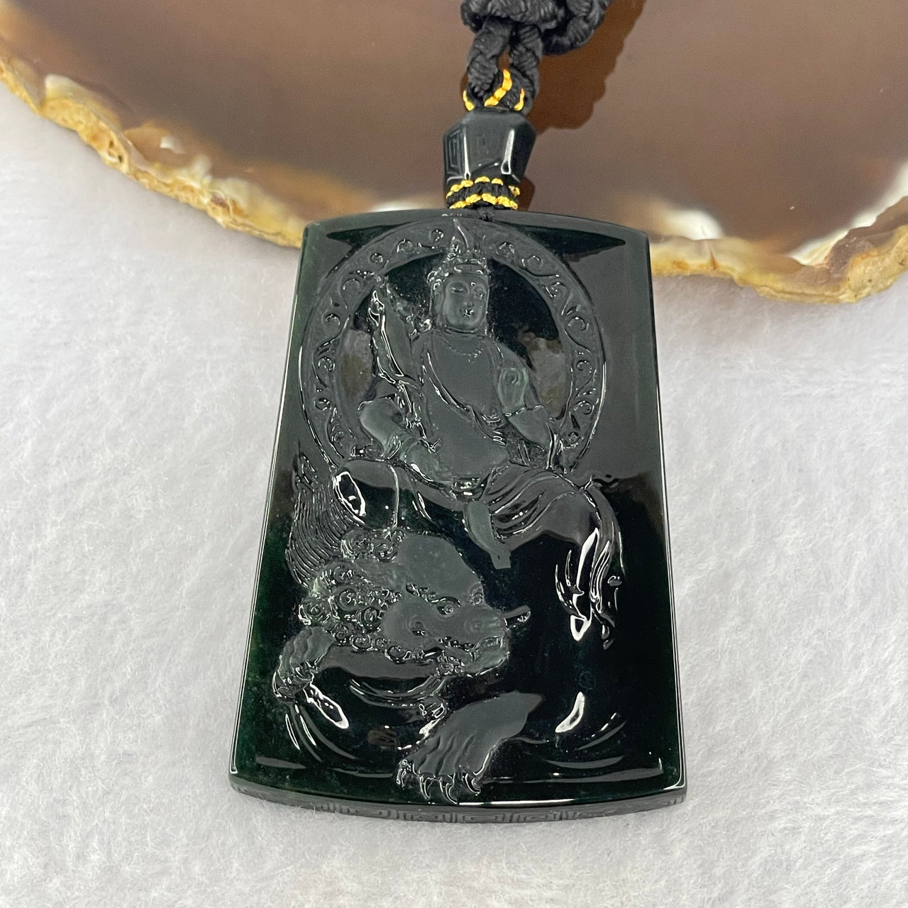 Type A Old Mine Blueish Green Jadeite Guan Yin Bodhisattva or Siṃhanāda Avalokiteśvara or Guanyin of the Lion's Roar Pendant 54.15g 64.6 by 44.1 by 6.8mm