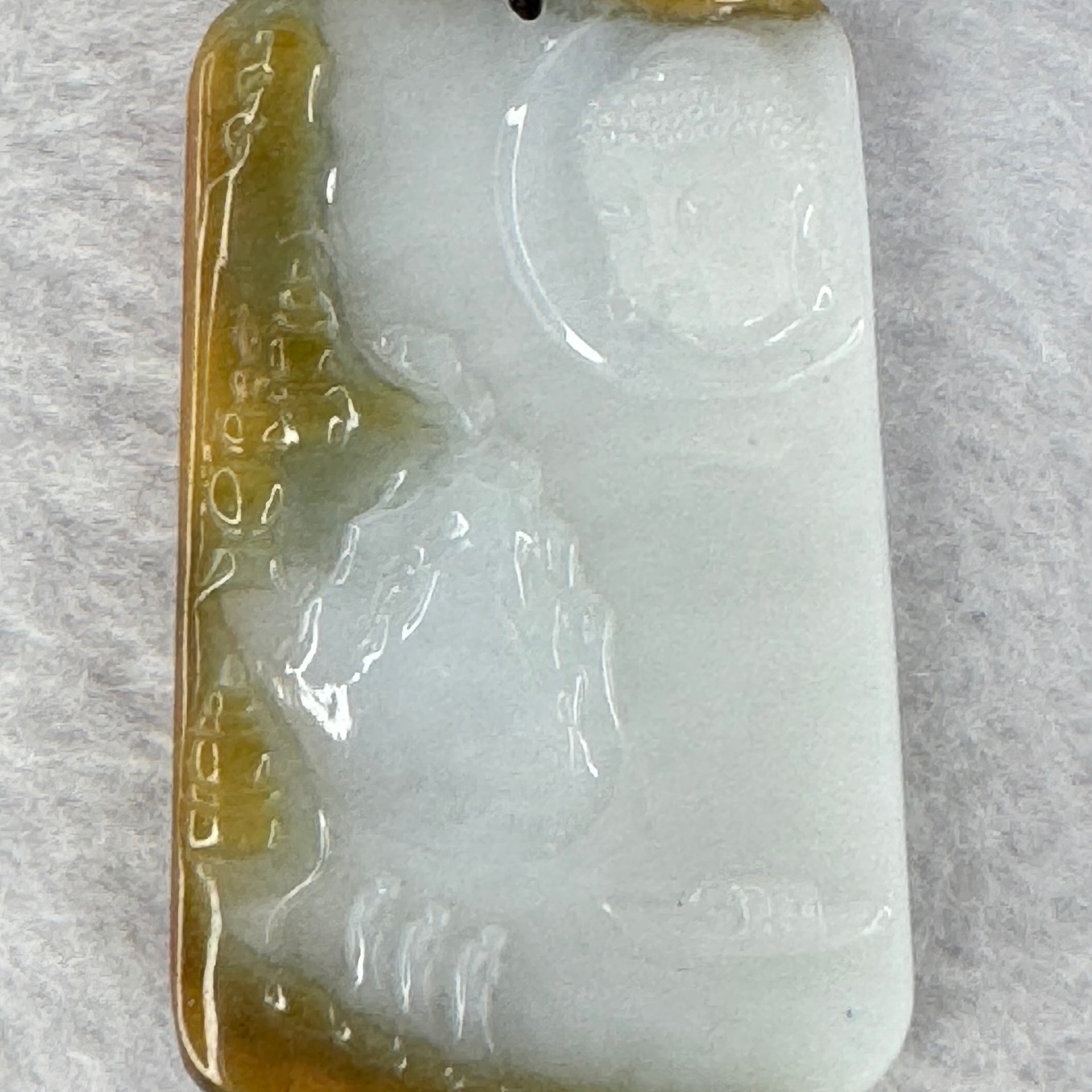 Type A Faint Lavender Green with Brown Patch Shan Shui with Buddha Pendent 25.00g 40.9 by 30.0 by 6.2 mm - Huangs Jadeite and Jewelry Pte Ltd