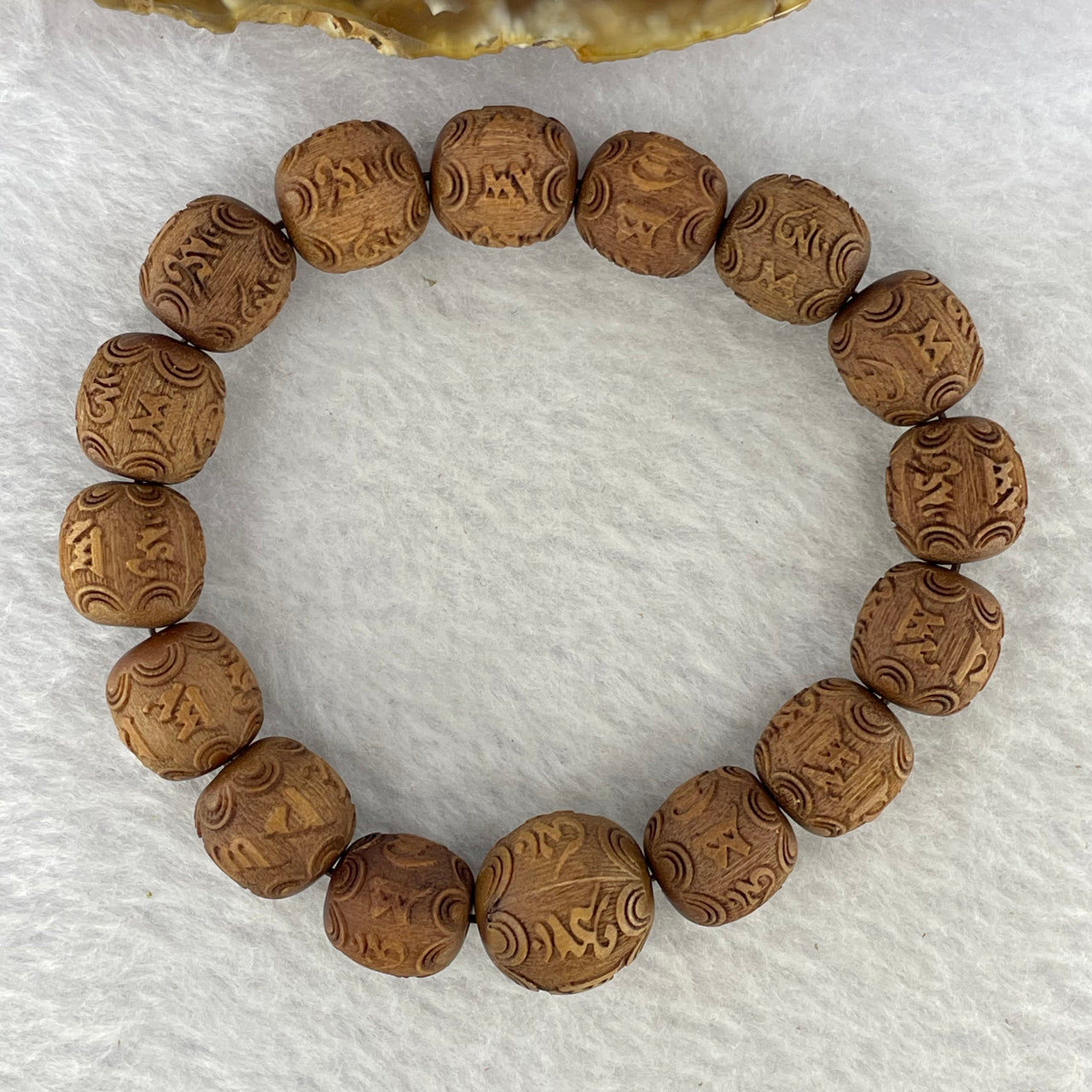 Natural Wild Australian Sandalwood 檀香 Om Mani Padme Hum Beads Bracelet 16.59g 11.9mm 15 Beads / 14.6mm 1 Bead - Huangs Jadeite and Jewelry Pte Ltd