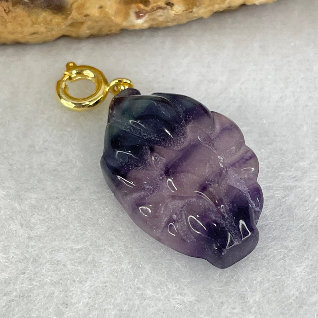 Natural Purple and Green Fluorite 9 Tail Fox Charm Pendant 4.38g 23.0 by 14.9 by 6.9mm