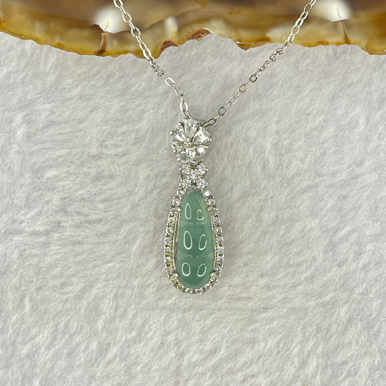 Type A Icy Light Blueish Green Jadeite Pea Pod 15.0 by 5.3mm 4.5mm Pendent with Crystals in S925 Sliver Necklace 2.79g