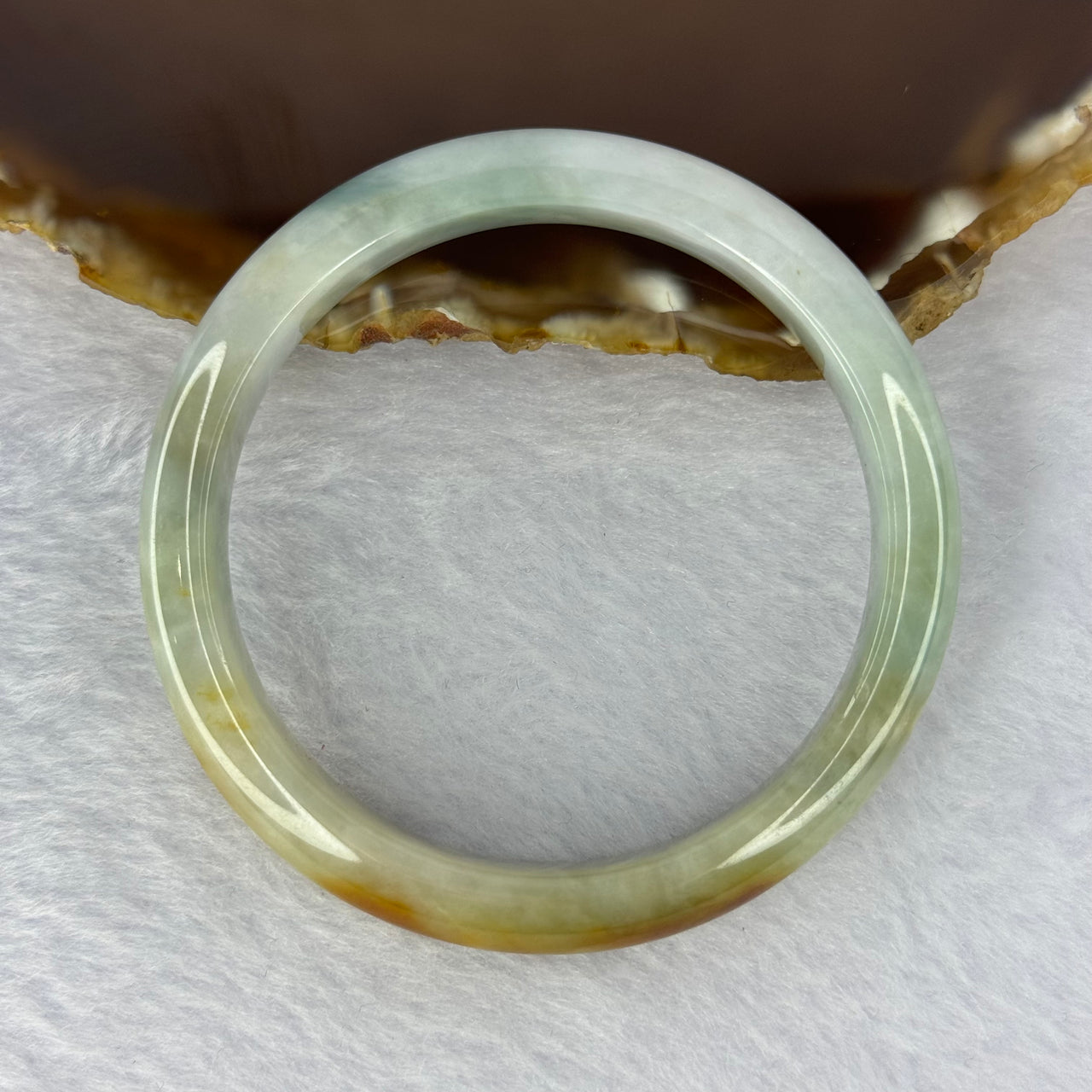 Type A Green with Piao Hua and Brown Patches Bangle 36.73g 10.2 by 7.4 mm Internal Diameter 53.4 mm (External Line) - Huangs Jadeite and Jewelry Pte Ltd