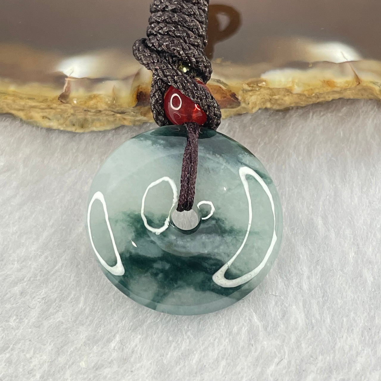 Type A Blueish Green with Dark Blueish Green Piao Hua Jadeite Ping An Kou Donut Pendent 6.80g 23.0 by 5.1mm