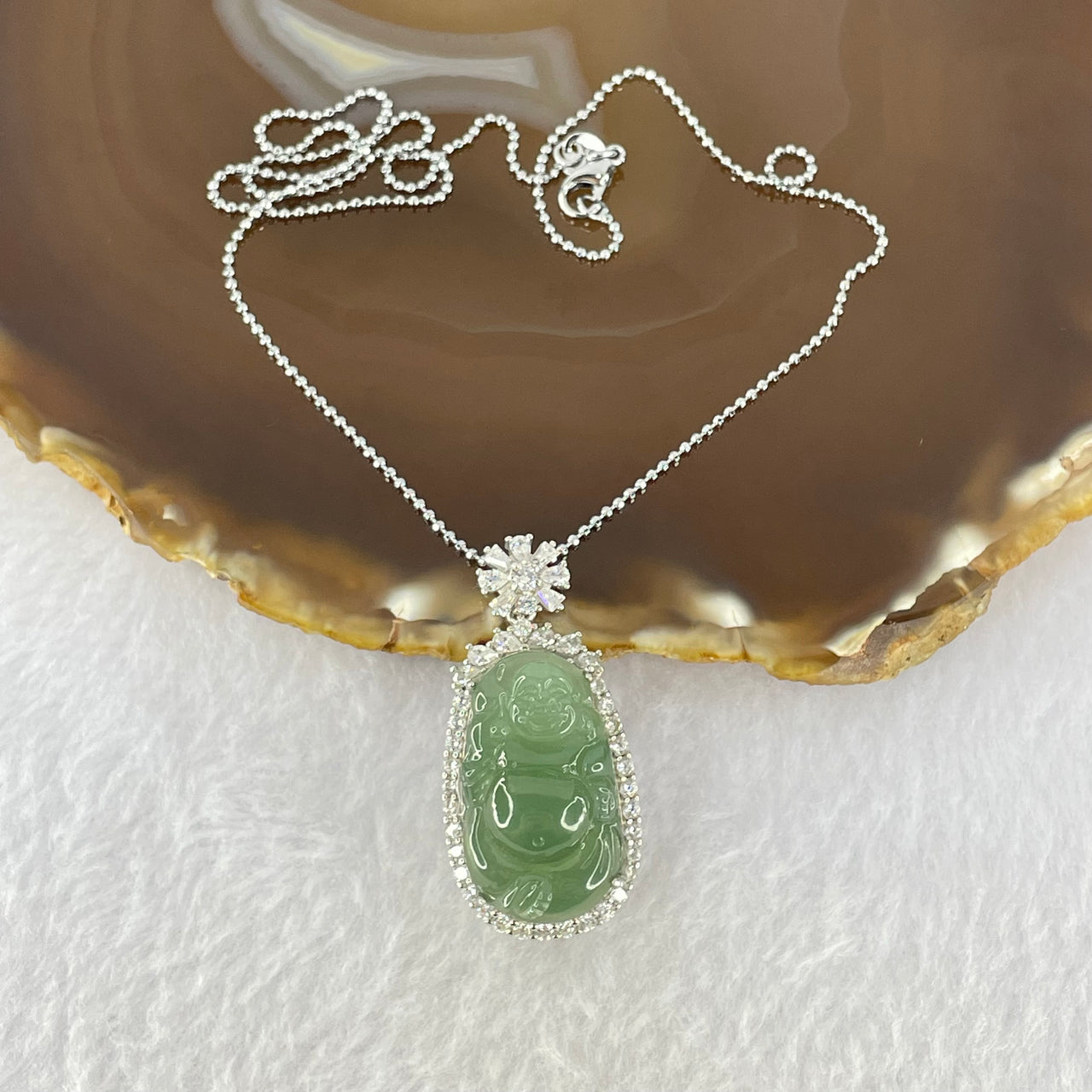 Type A Icy Blueish Green Milo Buddha with Crystals in S925 Sliver Pendant and Necklace 3.92g 26.3 by 15.8 by 6.5mm