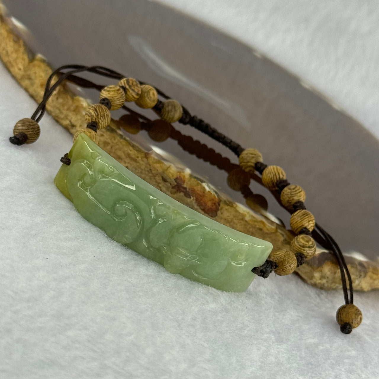 Type A Green Yellow Jadeite Bat and Ruyi Shou Pai with Wooden Beads and String Bracelet 13.28g 51.4 by 13.9 by 6.7mm