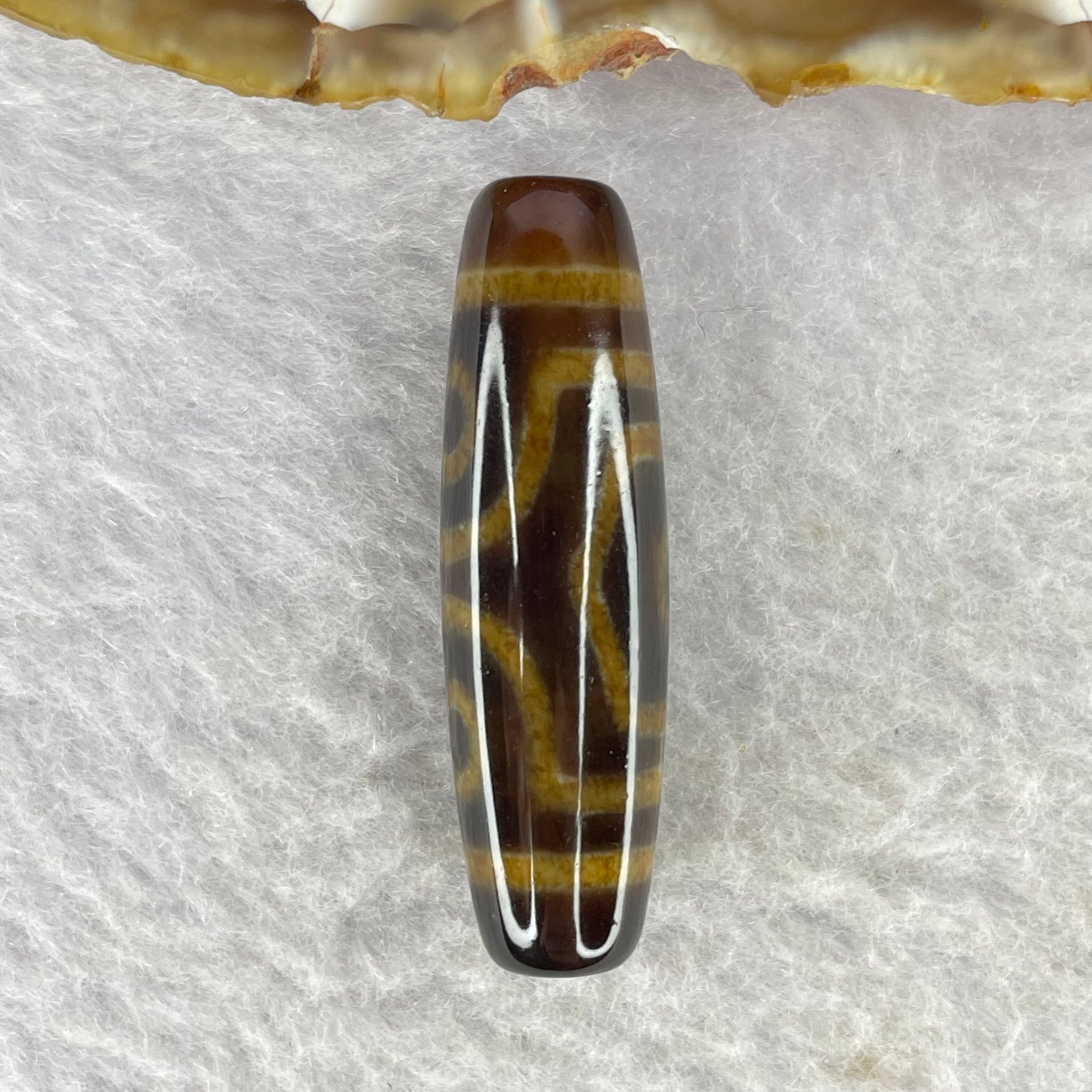 Natural Powerful Tibetan Old Oily Agate 3 Eyes Dzi Bead Heavenly Master (Tian Zhu) 三眼天诛 6.97g by 37.6 by 11.1 mm - Huangs Jadeite and Jewelry Pte Ltd