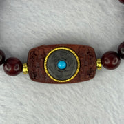 Natural Blood Zitan Beads with Rotating Turquoise Om Mani Padme Hum Powerful Mantra Bracelet 天然血檀木旋转唵嘛呢叭咪吽手链 10.71g 15cm 8.4mm 18 Beads / 30.1 by 17.4 by 6.4mm (Slight Crack) - Huangs Jadeite and Jewelry Pte Ltd