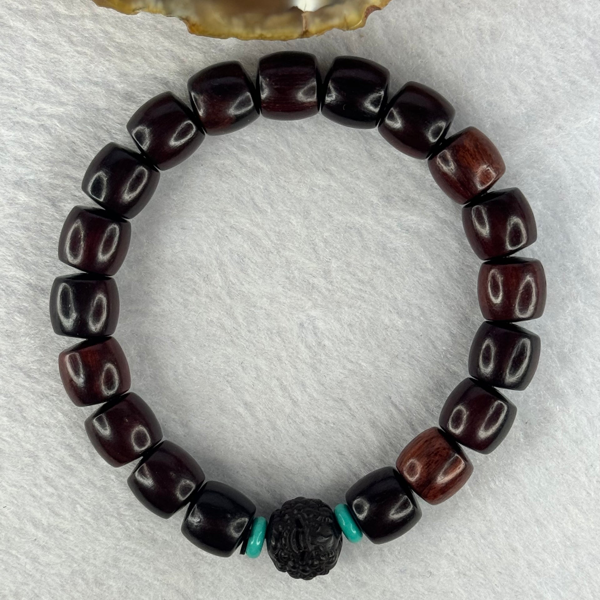 Natural Indian Small Leaf Zitan Wood Beads and Pixiu Bead with Turquoise Bracelet 印度小叶紫檀 14.22g 17cm 10.0mm 19 Beads - Huangs Jadeite and Jewelry Pte Ltd