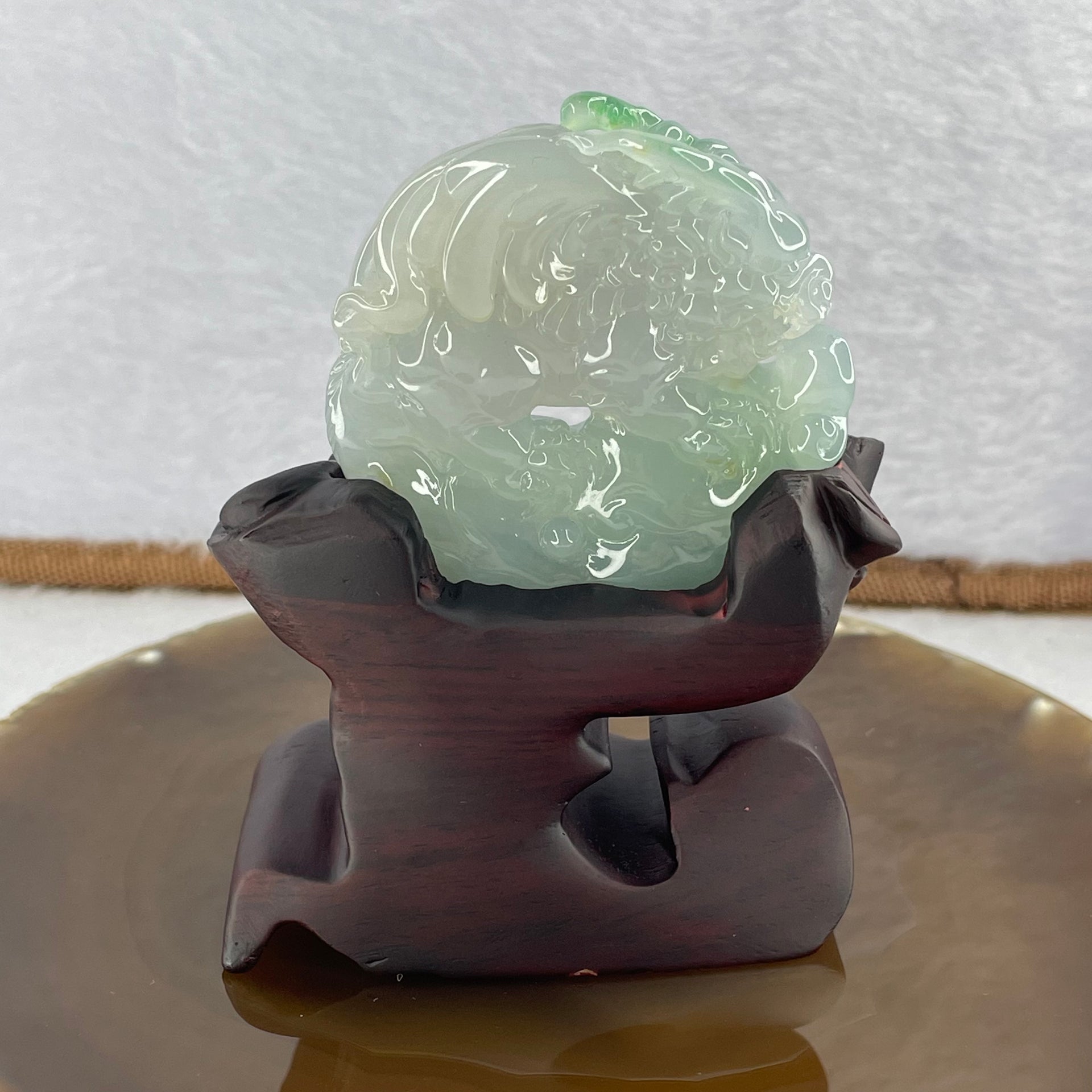 Rare Grand Master Type A Semi Icy Sky Blue with Spicy Green Jadeite 飞天貔貅 Flying Pixiu 63.73g 54.7 by 52.0 by 13.4mm with Wooden Stand - Huangs Jadeite and Jewelry Pte Ltd