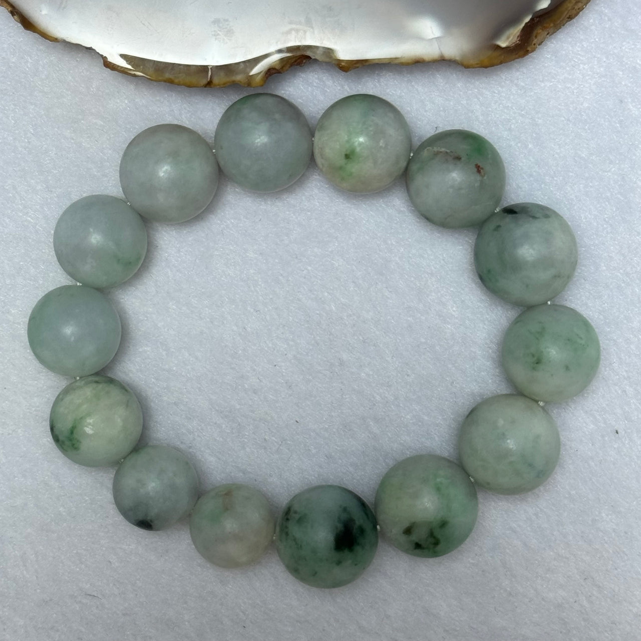 Unpolished Type A Mixed Green with Green Piao Hua with Slight Lavender Jadeite Beads Bracelet 86.79g 18.5cn 16.5mm 14 Beads - Huangs Jadeite and Jewelry Pte Ltd