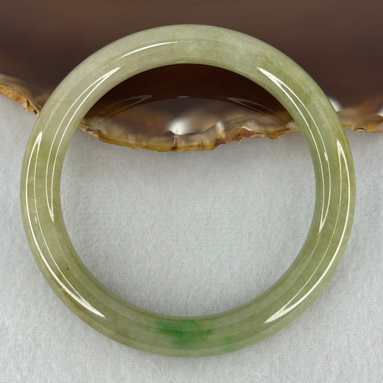 Type A Green with Brown and Emerald Green Patches Jadeite Bangle Internal Diameter 53.5mm 62.07g 9.2 by 8.6mm (Internal Lines)