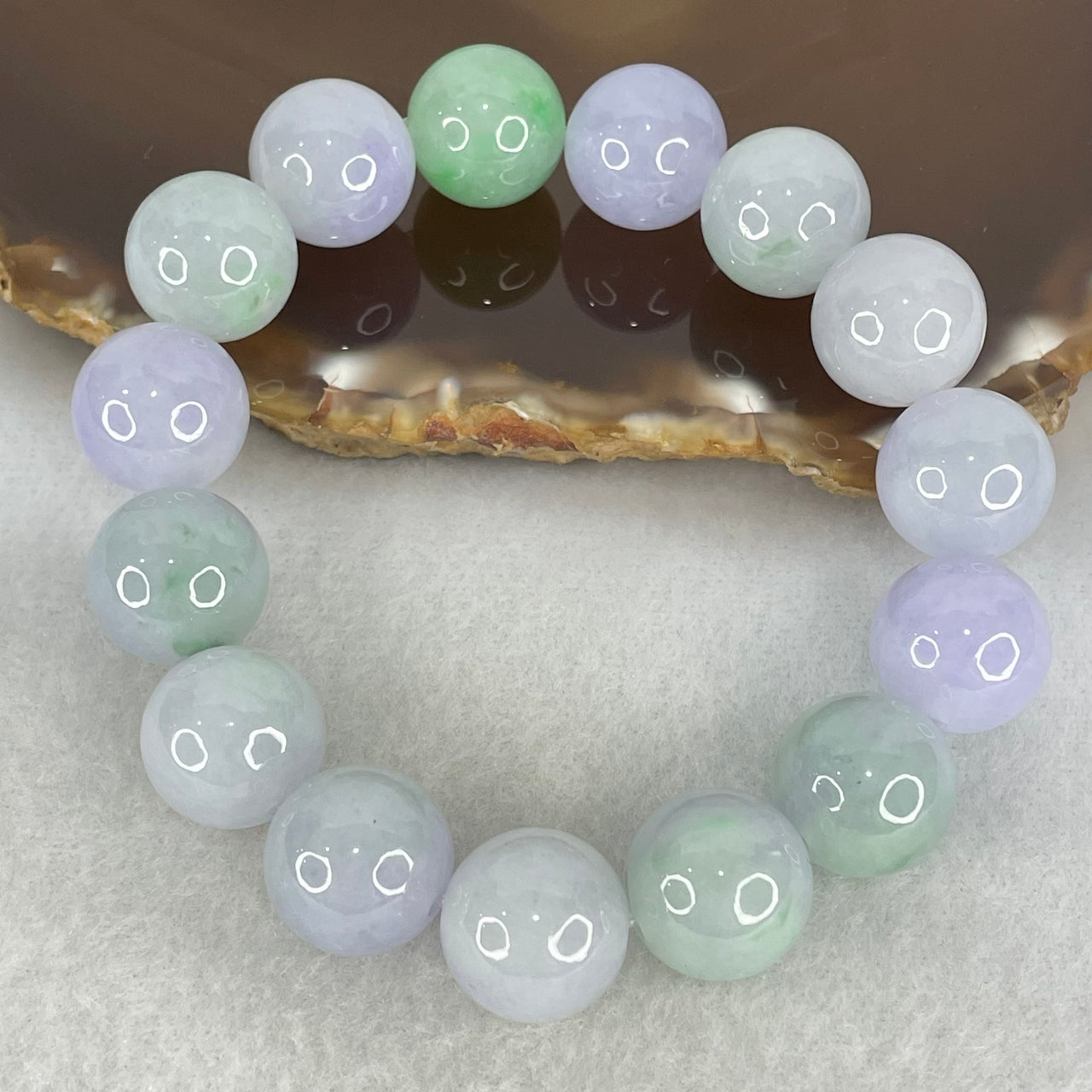 Good Grade Type A Lavender and Green Jadeite Beads Bracelet 66.76g 17cm by 13.8mm 15 Beads