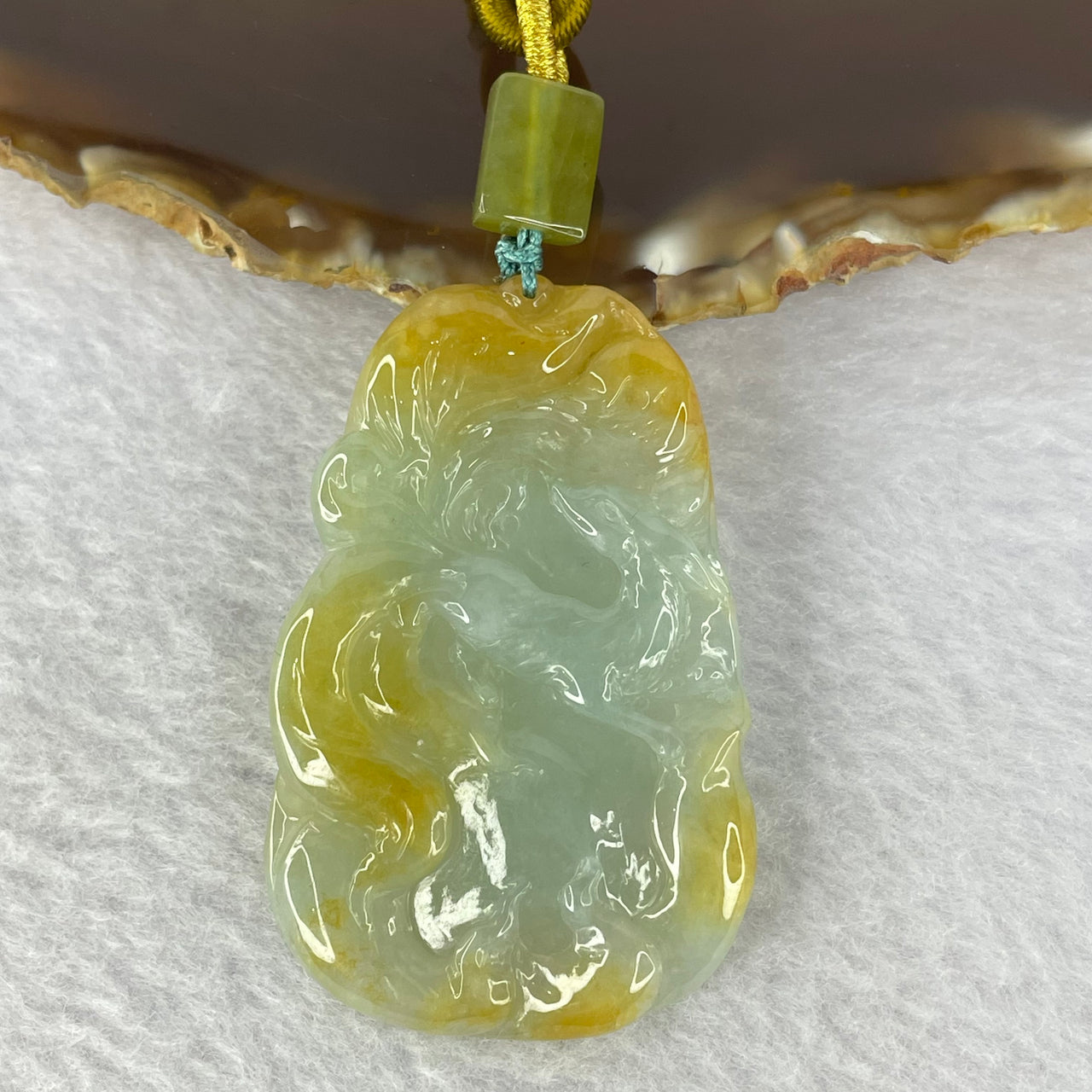 Type A Sky Blue with Yellow Patches Jadeite 9 Tail Fox for Attraction new love or partner and to prevent third party 25.62g 51.8 by 33.8 by 6.0mm - Huangs Jadeite and Jewelry Pte Ltd