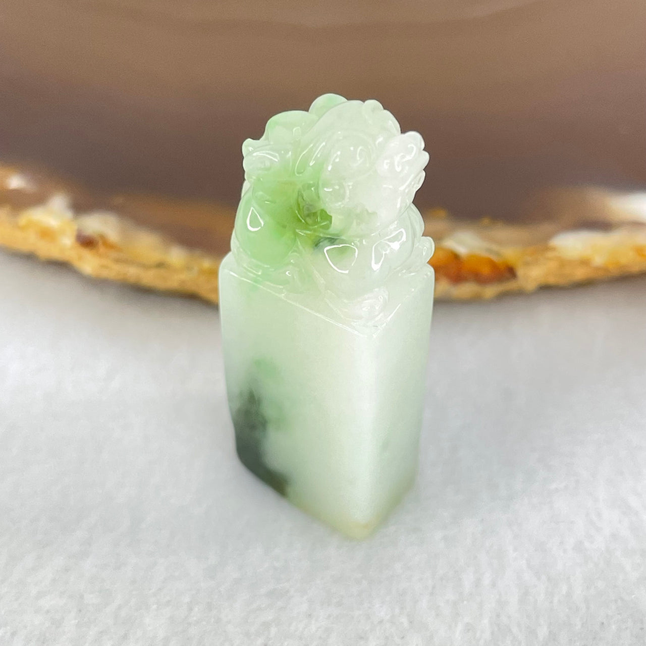 Type A Faint Green with Green Piao Hua Jadeite Pixiu Seal Display 13.85g 38.9 by 14.2 by 9.4mm