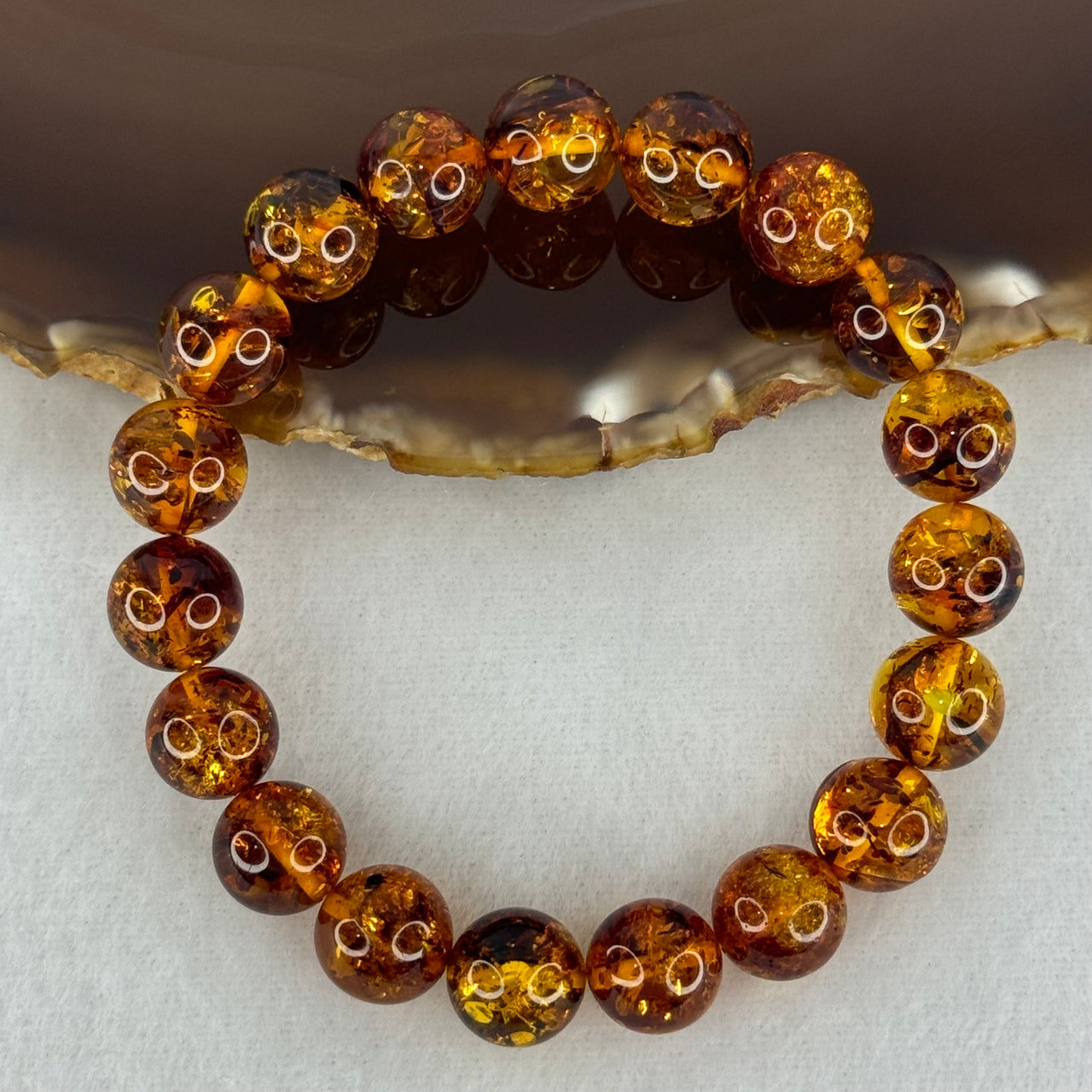 Natural Yellow Flower Amber Beads Bracelet 天然黄金花珀手链  10.97g 16cm 10.3mm 19 Beads