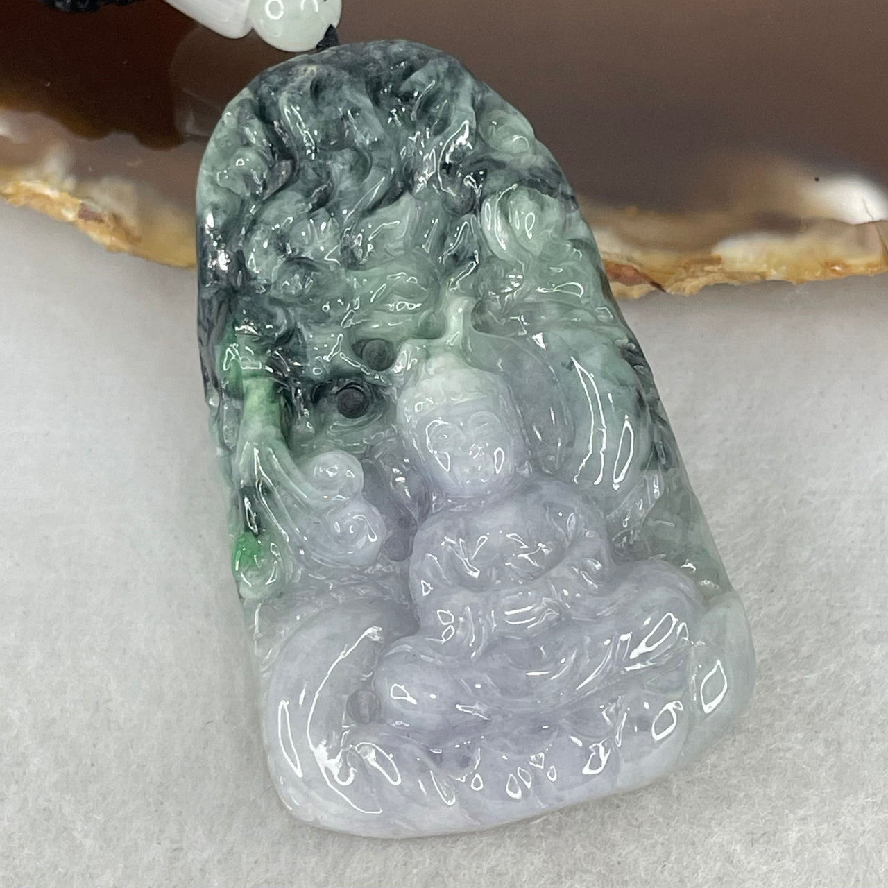 Type A Lavender and Green Piao Hua Jadeite Guan Yin with Dragon Pendant 38.80g 50.7 by 31.5 by 11.4mm