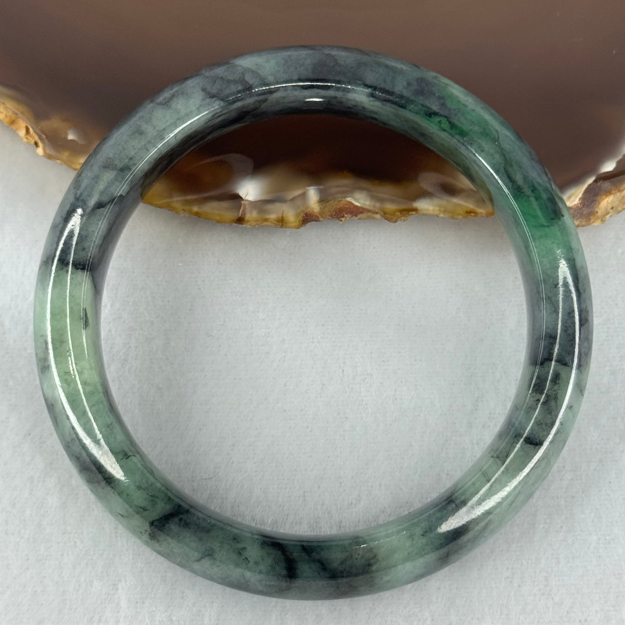 Type A Green and Black to Dark Green Piao Hua Jadeite Bangle Internal Diameter 58.2mm 73.13g 15.0 by 8.9mm (Internal Lines)