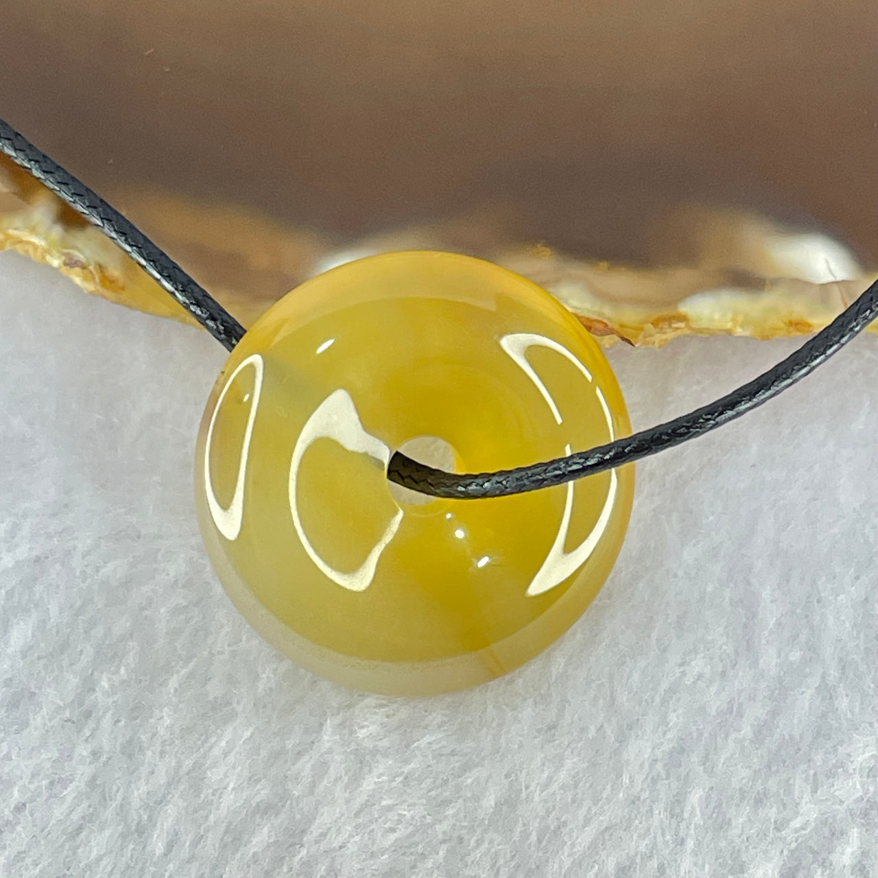 Natural Yellow Pink Agate Ping An Kou Donut Pendant 11.81g 29.9 by 7.5mm