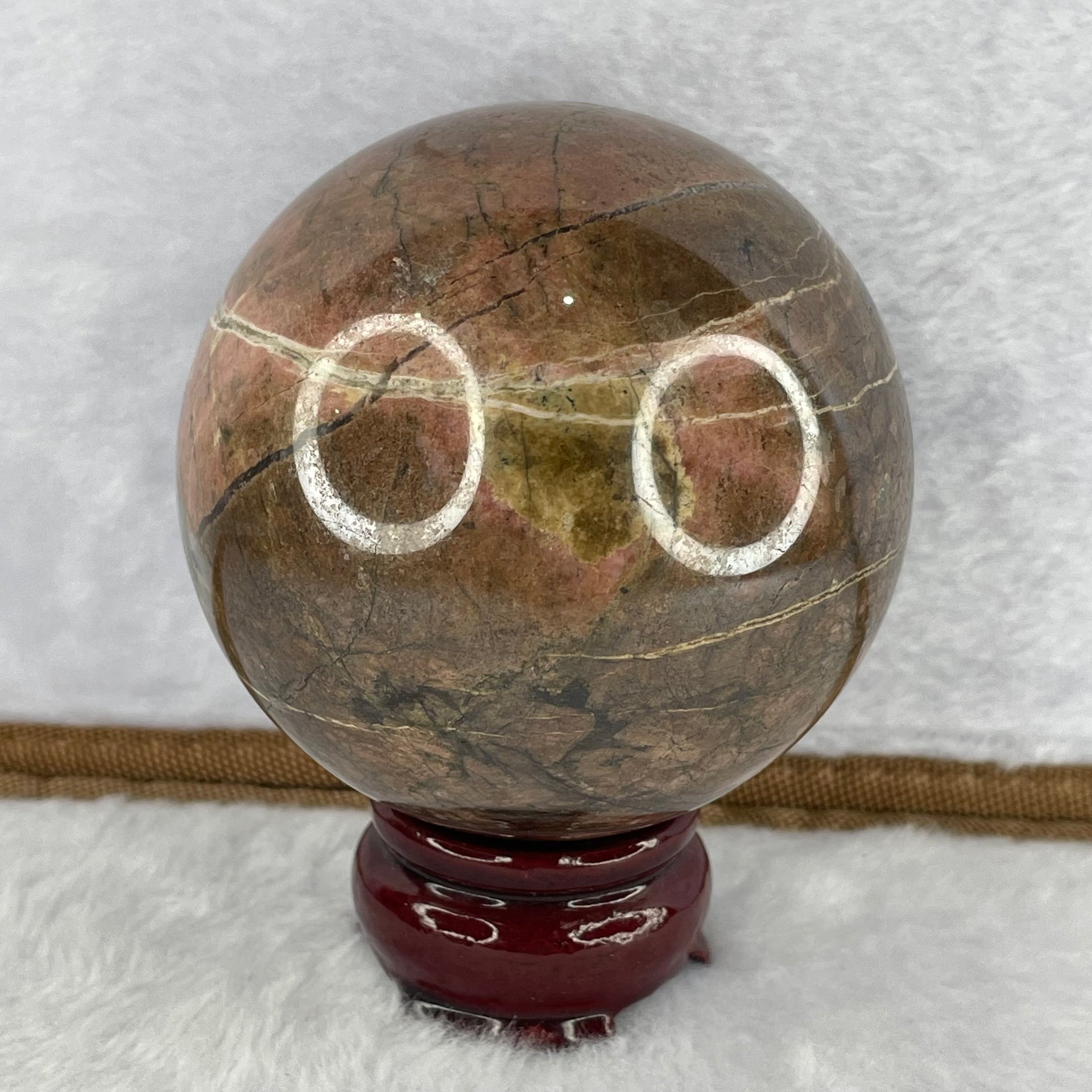 Natural Rainforest Jasper Rhyolite Sphere Ball with Wooden Stand 820.1g 85.0 by Diameter 76.0 mm - Huangs Jadeite and Jewelry Pte Ltd