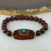 Natural Blood Zitan Beads with Rotating Turquoise Om Mani Padme Hum Powerful Mantra Bracelet 天然血檀木旋转唵嘛呢叭咪吽手链 10.89g 15cm 8.4mm 18 Beads / 30.6 by 17.3 by 7.4mm - Huangs Jadeite and Jewelry Pte Ltd