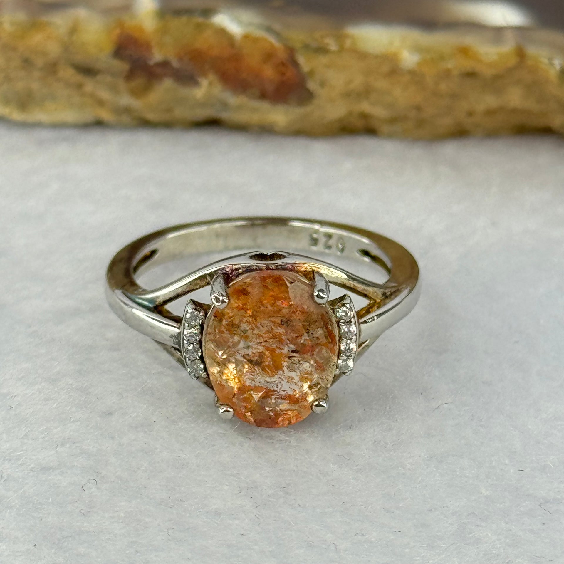 Good Grade Natural Sunstone In 925 Sliver Ring (Adjustable Size) 2.91g 10.0 by 7.6 by 5.0mm US 6 / HK 13 - Huangs Jadeite and Jewelry Pte Ltd