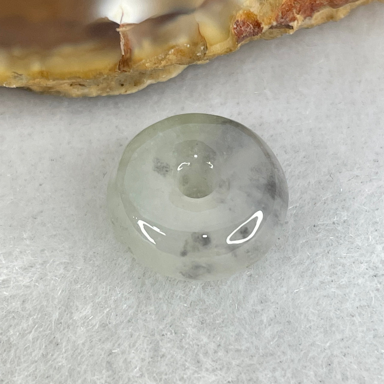 Type A Semi Icy Light Green With Wuji Grey Spots Jadeite Ping An Kou Donut Pendant 2.37g 13.6 by 6.1mm