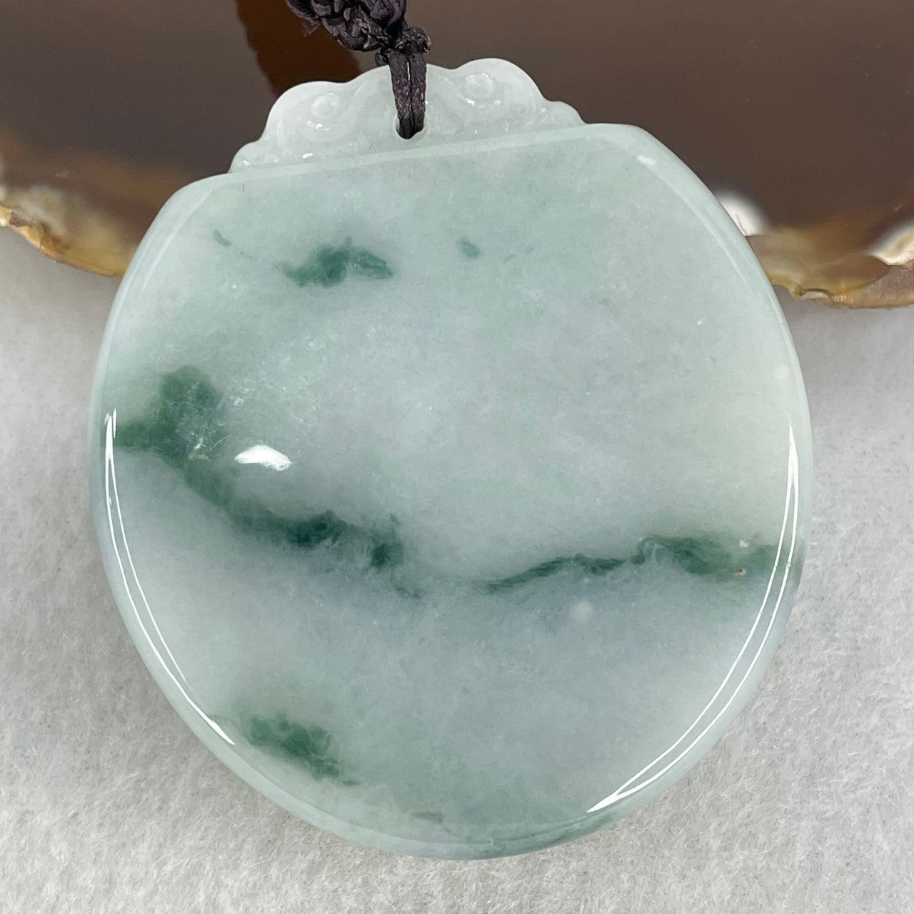 Type A Light Green Lavender with Blueish Green Piao Hua Jadeite Thick Oval Wu Shi Pai Pendant 81.04g 53.0 by 48.4 by 13.2mm