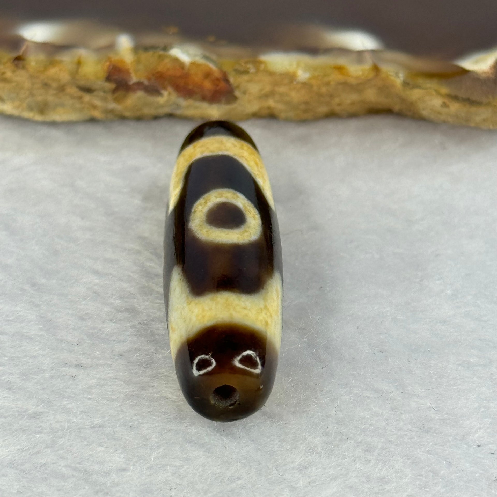 Natural Powerful Tibetan Old Oily Agate 3 Eyes Dzi Bead Heavenly Master (Tian Zhu) 三眼天诛 7.42g 38.8 by 11.4mm - Huangs Jadeite and Jewelry Pte Ltd