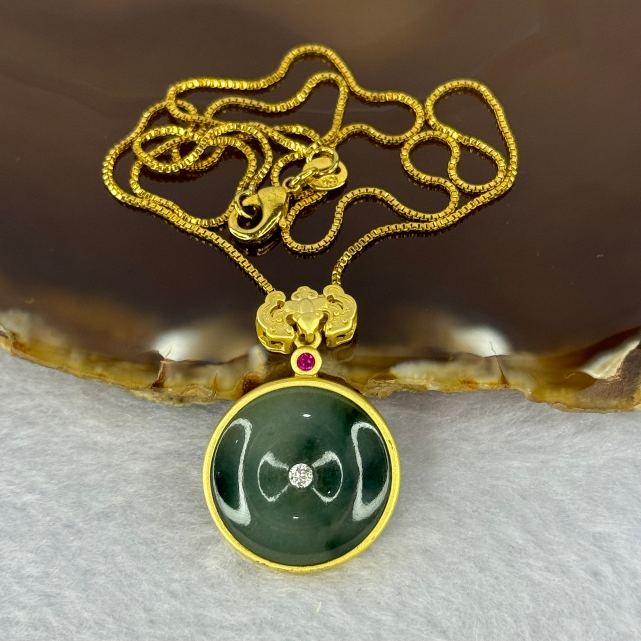 Type A Dark Green Piao Hua Jadeite Ping An Kou Donut with Bat Pendant in S925 Sliver Gold Color Claps and Necklace 7.69g 19.2 by 4.0mm