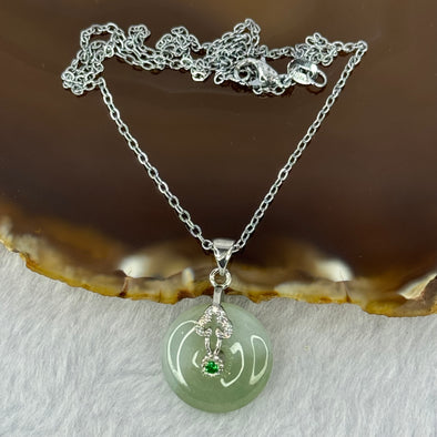 Type A Green Jadeite Ping An Kou Donut Charm in S925 Sliver Necklace 5.64g 18.2 by 4.9mm