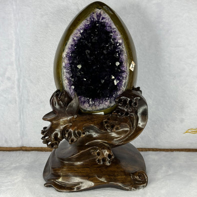 High Grade Natural Uruguay Dark Purple Egg Shaped Amethyst with High Grade Wooden Stand Total Weight 3,627.7g 260.0 by 150.0 by 160.0mm