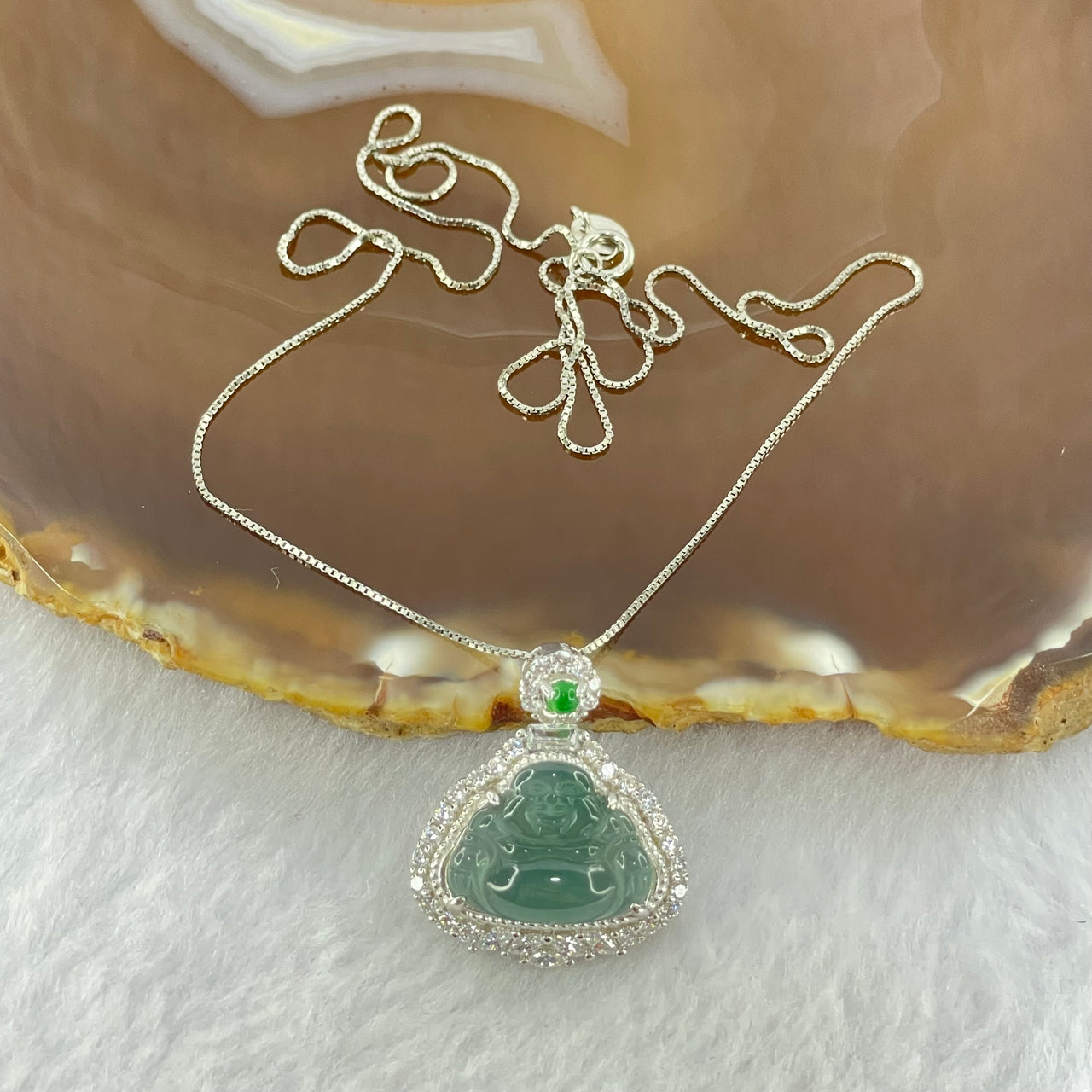 Type A Icy Blueish Green Jadeite Milo Buddha Pendent with Crystals in S925 Sliver Setting and Chain 3.39g 12.8 by 16.0 by 3.0mm