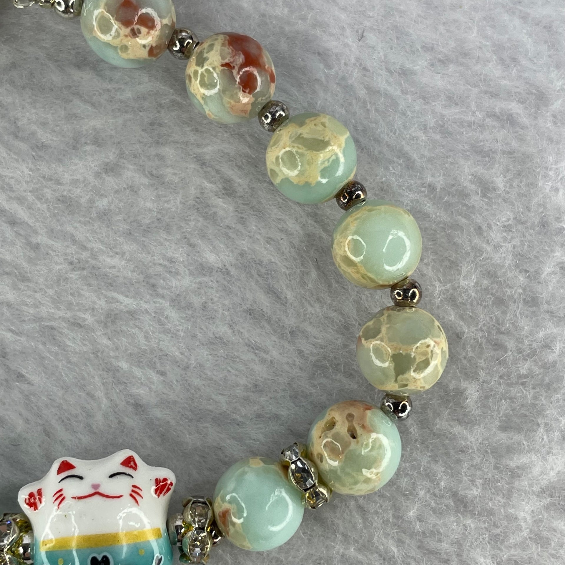 Natural Variscite Jasper with Fortune Cat Bracelet 12.22g 8.3 mm 14 Beads (Adjustable Size) - Huangs Jadeite and Jewelry Pte Ltd