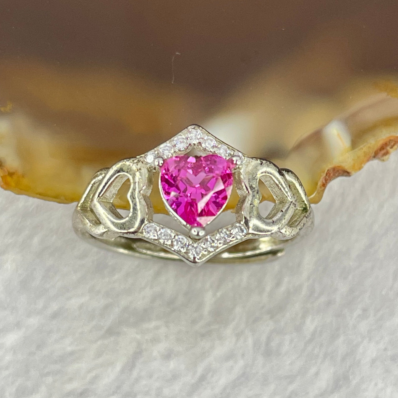 Pink Cubic Zirconia with Crystals in S925 Sliver Ring (Adjustable Size) 1.76g 5.6 by 5.0 by 3.0mm