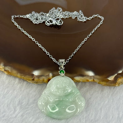 Type A Green Jadeite Milo Buddha Pendent in S925 Sliver Necklace 7.40g 25.1 by 28.2 by 5.7mm