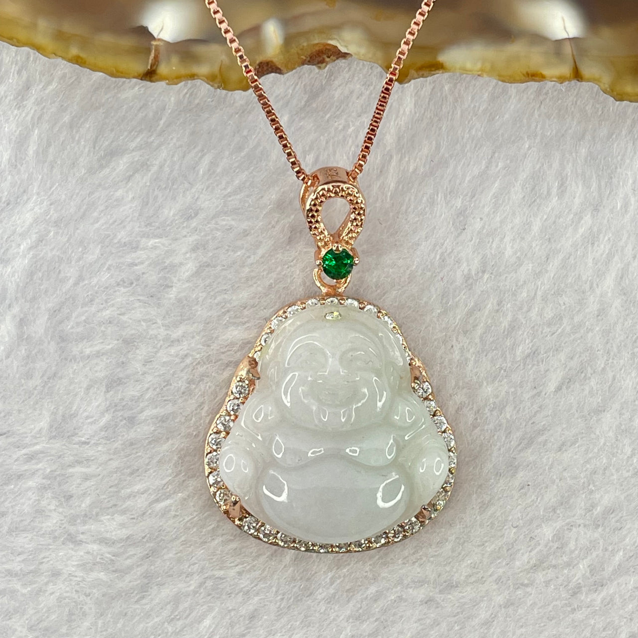 Type A Faint Lavender Jadeite Milo Buddha Pendent with Crystals in S925 Sliver Rose Gold Color Setting and Necklace 6.84g 20.9 by 19.4 by 5.0mm