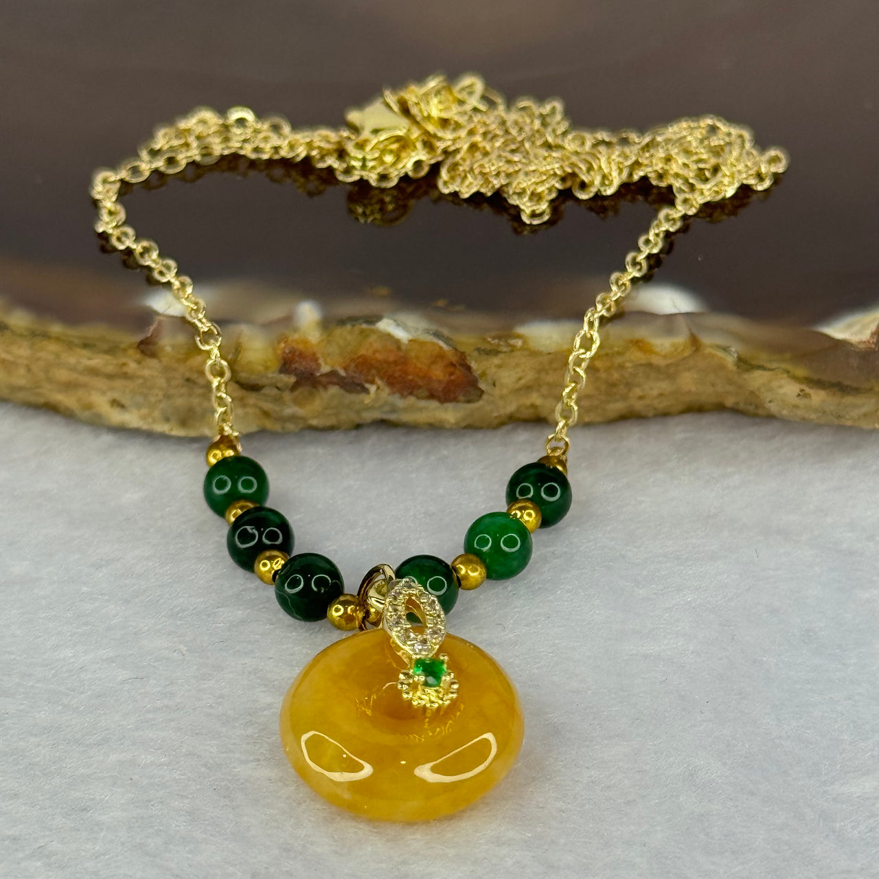 Type A Yellow Jadeite Ping An Kou Donut in S925 Gold Color Necklace 5.70g 14.7 by 5.3mm